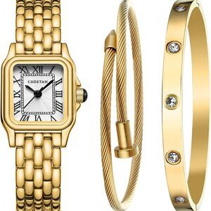 Women’s Gold Bangle Watch and Bracelet Set Elegant Timepieces Jewelry Gift